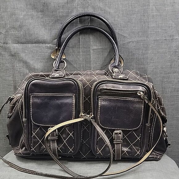 Serpui Marie RARE Brown Leather Duffle Shoulder Bag Cross Stitch, Double Handle - Picture 1 of 14